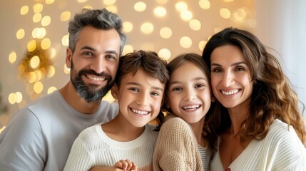 Obraz premium A cheerful family of four, including parents and two children, smiling together in a festive atmosphere with glowing lights behind them.