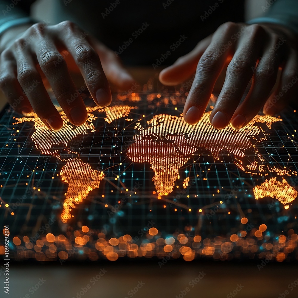 Poster global digital quantum internet interface concept with minimalist world map and data visualization