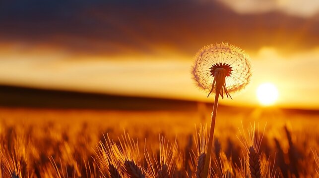 A dandelion in the middle of a field of wheat at sunset - Powered by Adobe