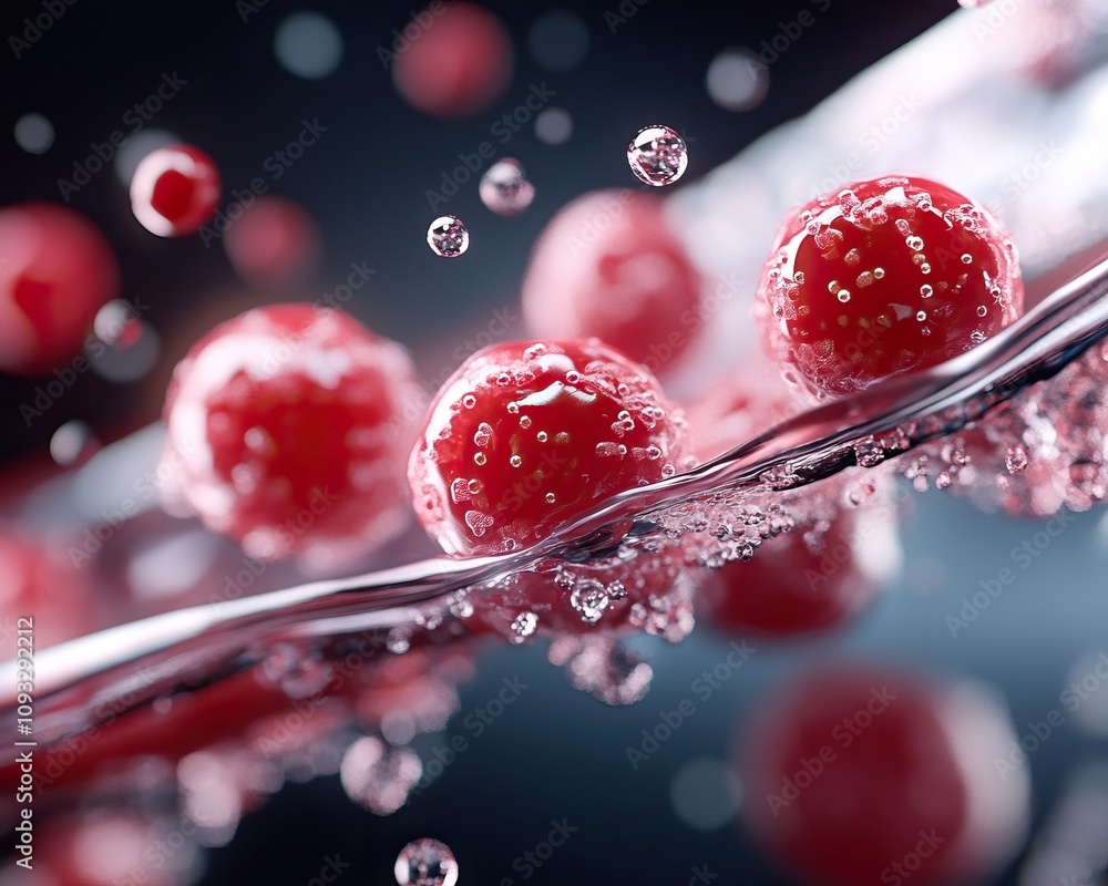 Poster a close-up image of vibrant red berries submerged in sparkling water, showcasing bubbles and a dynam