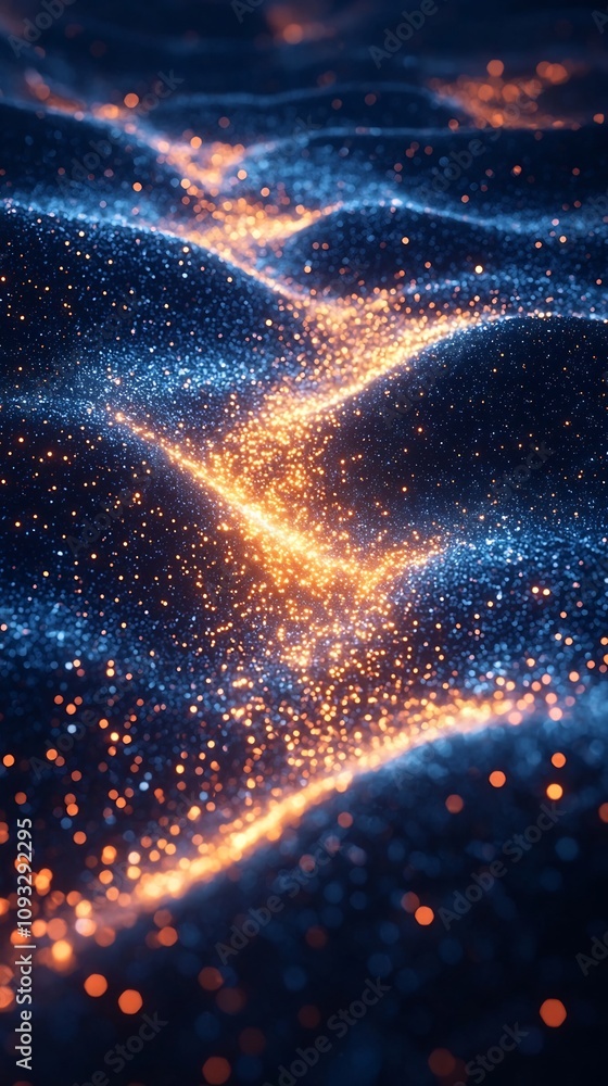 Poster glowing quantum data streams flowing through entangled particles in space
