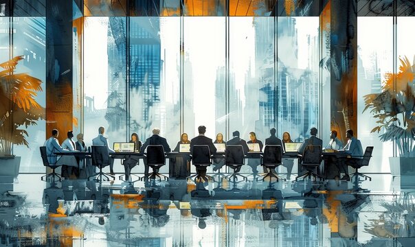 In a sleek conference room, a startup team energetically pitches their innovative product ideas to attentive investors. Prototypes and sketches fill the table, showcasing creativity and ambition