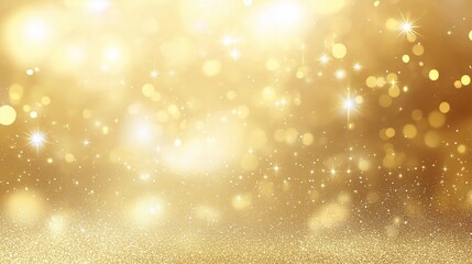 Abstract golden background with bokeh effect and shining defocused glitters. Festive gold texture for Christmas, New Year, birthday, celebration, greeting, victory, success, magic party.