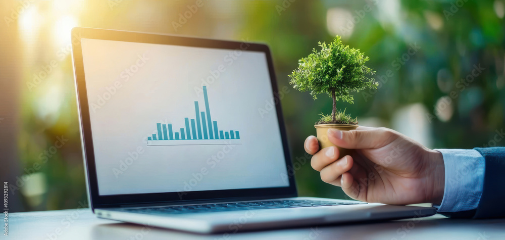 Fototapete esg investment metrics concept. a hand holds a small plant next to a laptop displaying a growth char