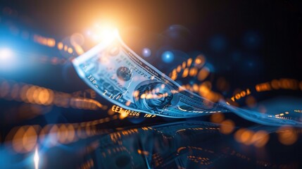 A floating dollar bill illuminated by glowing orange data streams and surrounded by futuristic blue and orange bokeh lights, representing financial innovation.