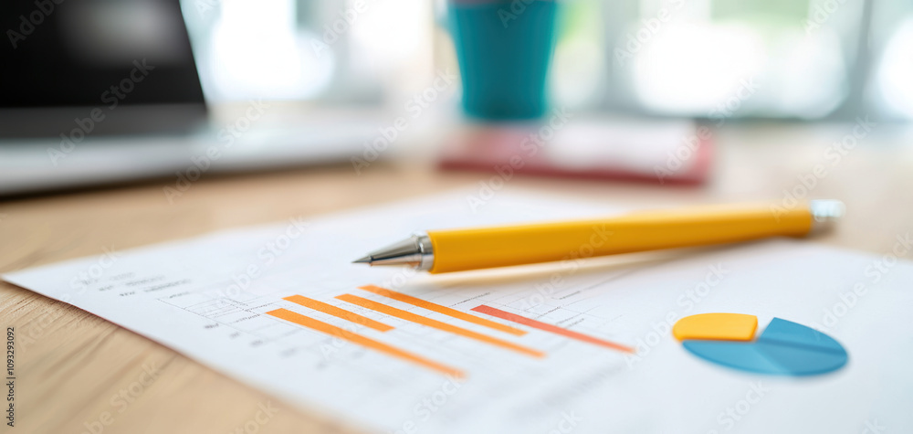 Poster ESG investment metrics concept. A close-up view of a workspace featuring charts, graphs, and a pen on a document, with a colorful pot in the background.