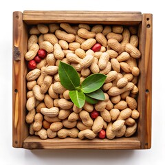 Obraz premium peanuts in wooden box top view on a white background, nuts isolated, wellness organic natural food, vegetarian product for healthy lifestyle