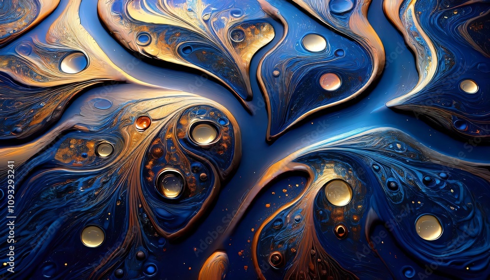 Poster golden and blue abstract liquid plasma swirling, creating mesmerizing shapes and bubbles in a captiv