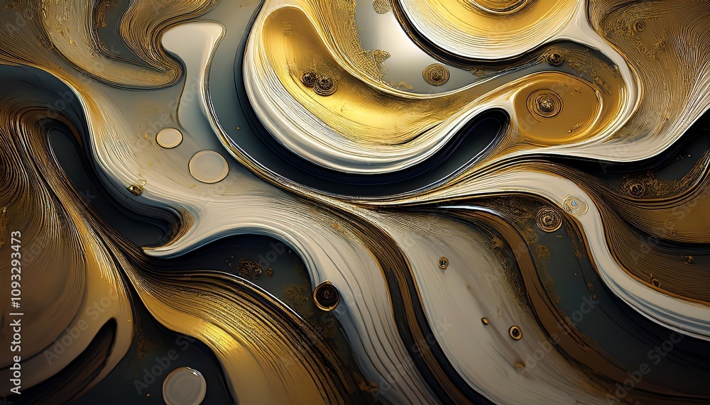 Poster flowing and swirling golden and white abstract plasma mixes with dark matter to create a mesmerizing