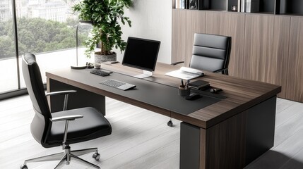 Modern Office Workspace with Sleek Furniture Design, Large Windows, and Professional Atmosphere for Creative and Productive Work Environments