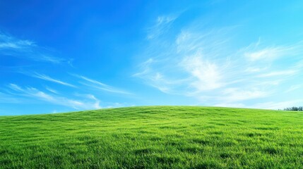 Obraz premium Serene landscape of a green grassy field with a bright blue sky