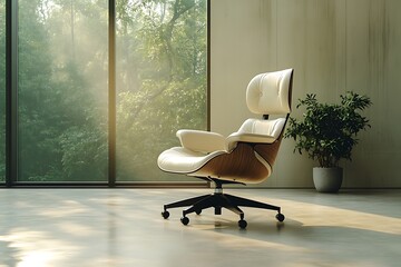 Fototapeta premium A modern armchair in a sunlit room with a green view