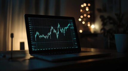 Dark Workspace with Laptop Displaying Financial Chart and Blurry Lights in Background, Highlighting Digital Data Analysis and Modern Technology Trends