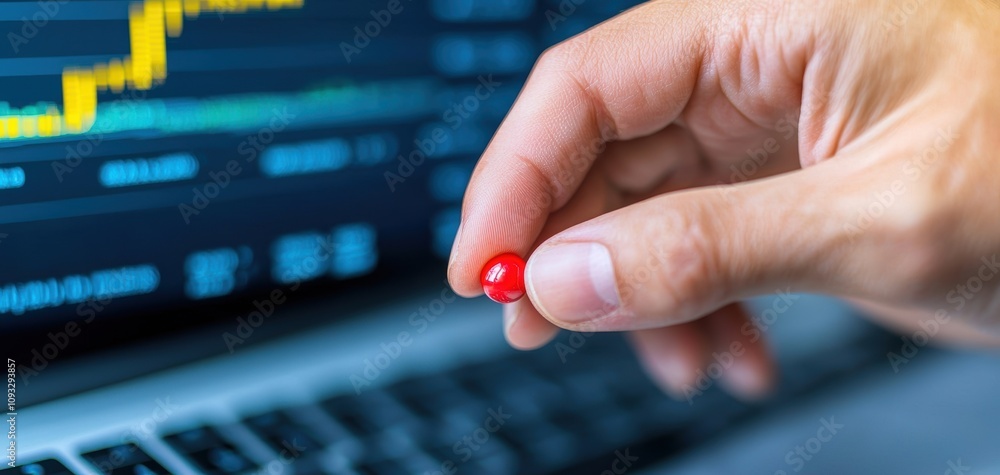 Poster esg investment metrics concept. a hand holding a red capsule above a laptop screen displaying a stoc