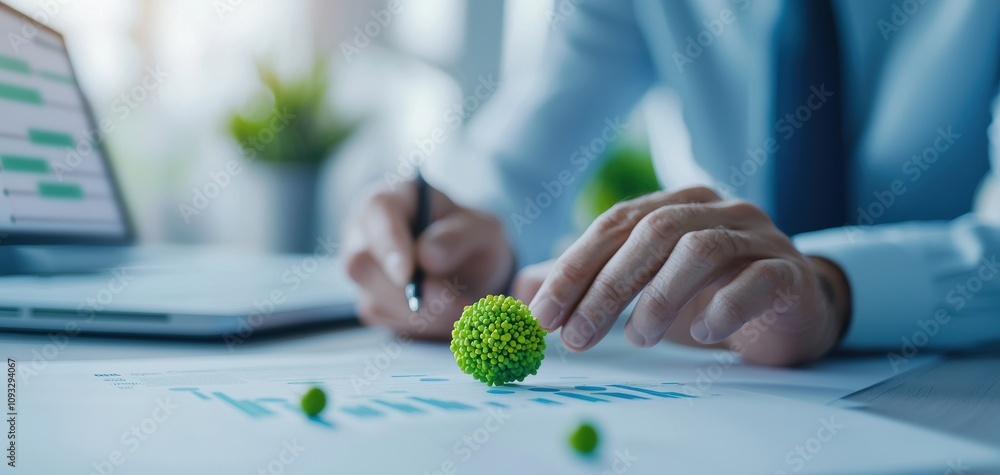 Poster esg investment metrics concept. a professional analyzing growth data while incorporating a symbolic 