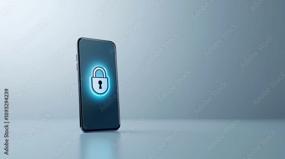 Poster mobile payment security protection. a smartphone with a glowing padlock symbol on its screen, repres