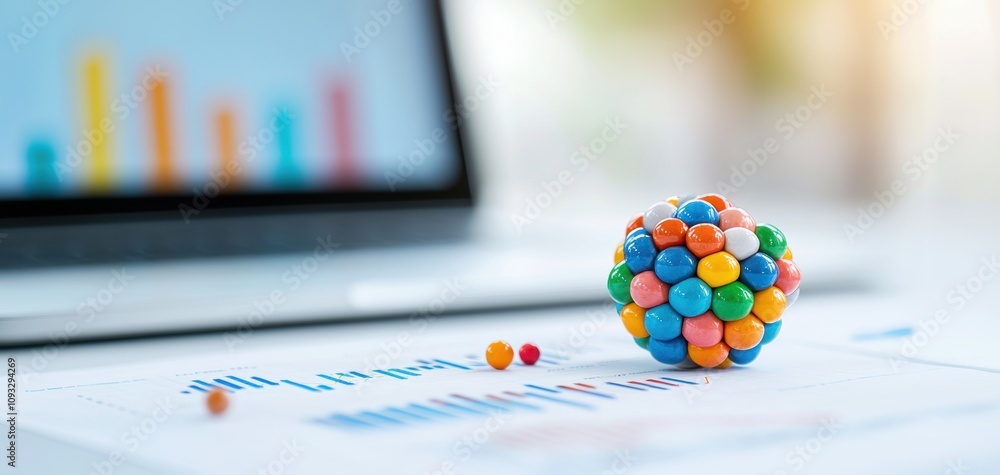 Poster ESG investment metrics concept. A colorful ball made of small beads rests on a document with data charts, next to a laptop, symbolizing creativity in data analysis.