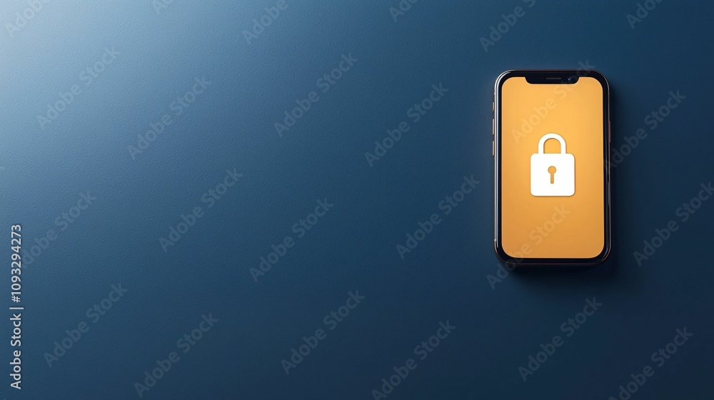 Poster mobile payment security protection. a smartphone displaying a lock icon on an orange background, sym