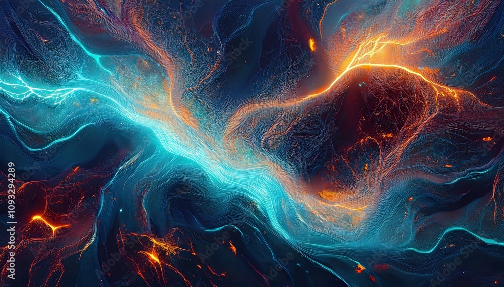 Poster vibrant abstract plasma in motion with dynamic energy and luminous trails, forming a captivating vis