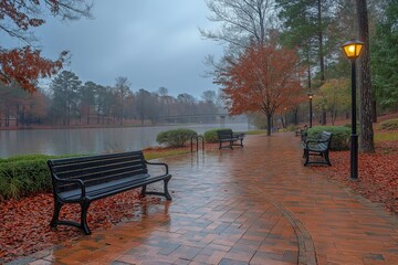 A tranquil park scene on a misty autumn day with wet brick paths, empty benches, orange and red leaves, and soft glowing lampposts by a serene lake