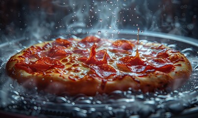 A cheerful woman with a big smile is removing a steaming slice of pizza from a washing machine, where toppings replace the usual laundry. The scene captures a playful moment filled with fun