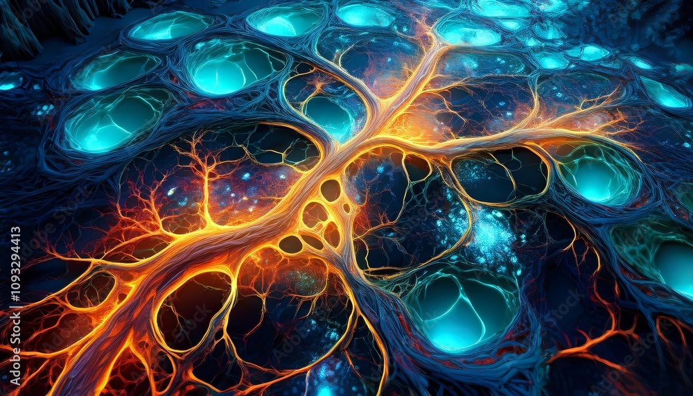 Poster abstract plasma flowing between turquoise pools in an alien landscape, creating a mesmerizing specta
