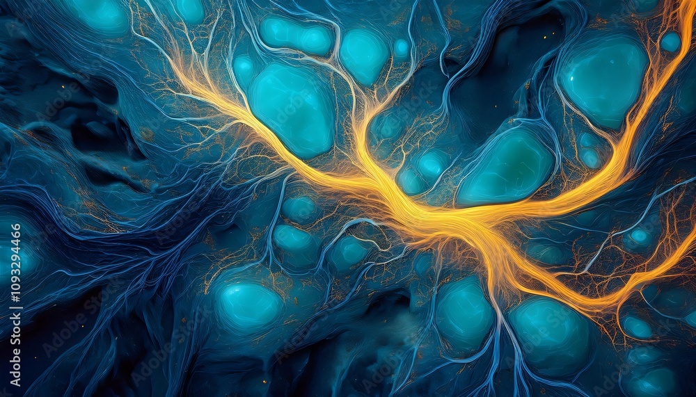 Poster golden plasma streams through a network of filaments, creating pools of teal in a mesmerizing abstra