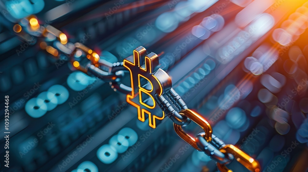 Poster bitcoin symbol integrated into a metallic blockchain with glowing connections, representing cryptocu