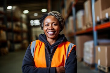 Obraz premium Portrait of a middle aged female forklift worker in warehouse