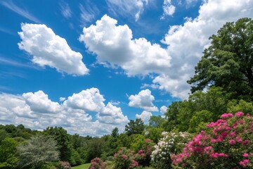 A bright blue sky filled with puffy white clouds against a backdrop of lush green trees and vibrant blooming flowers, landscape, vibrant, outdoors