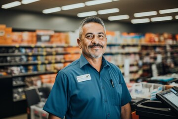Fototapeta premium Portrait of a middle aged Hispanic cashier