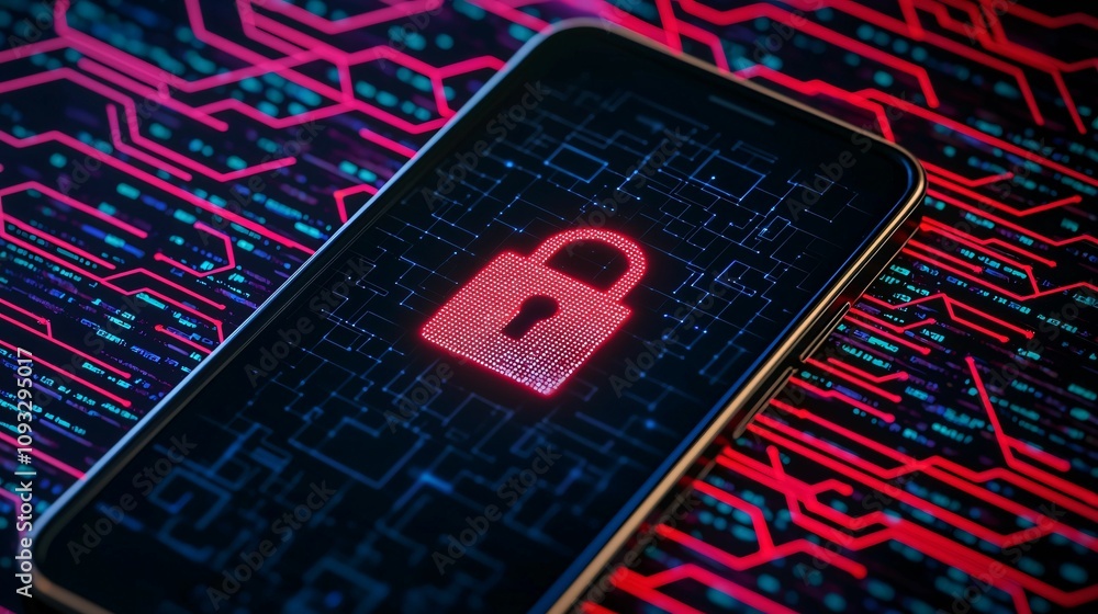 Poster mobile payment security protection. a smartphone displays a padlock symbol on a digital circuit back