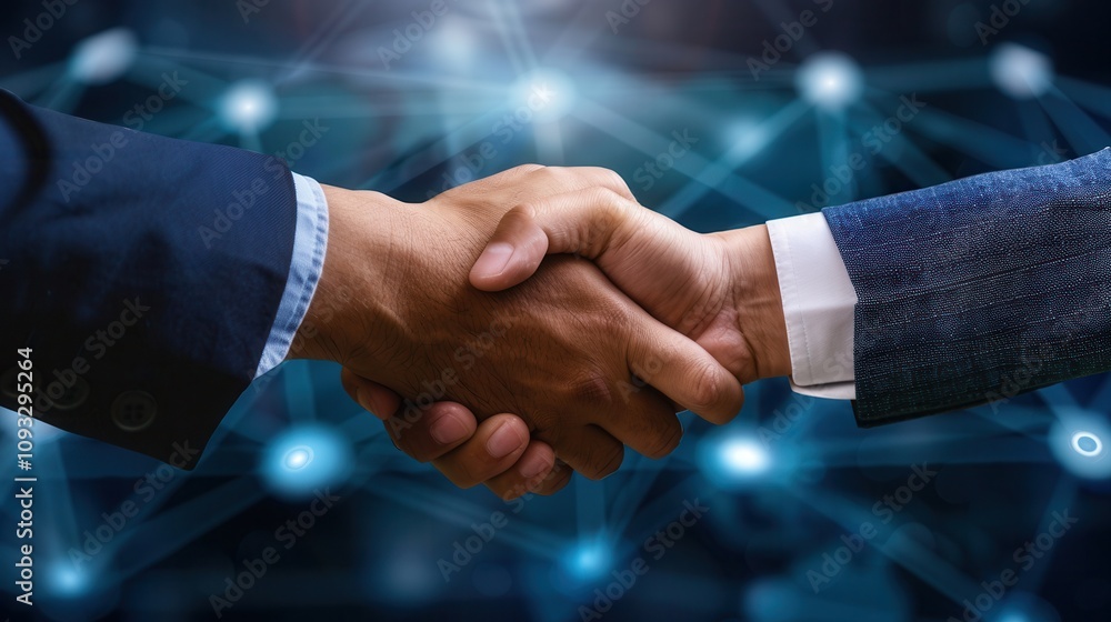 Poster handshake between business professionals with a futuristic network background symbolizing global con