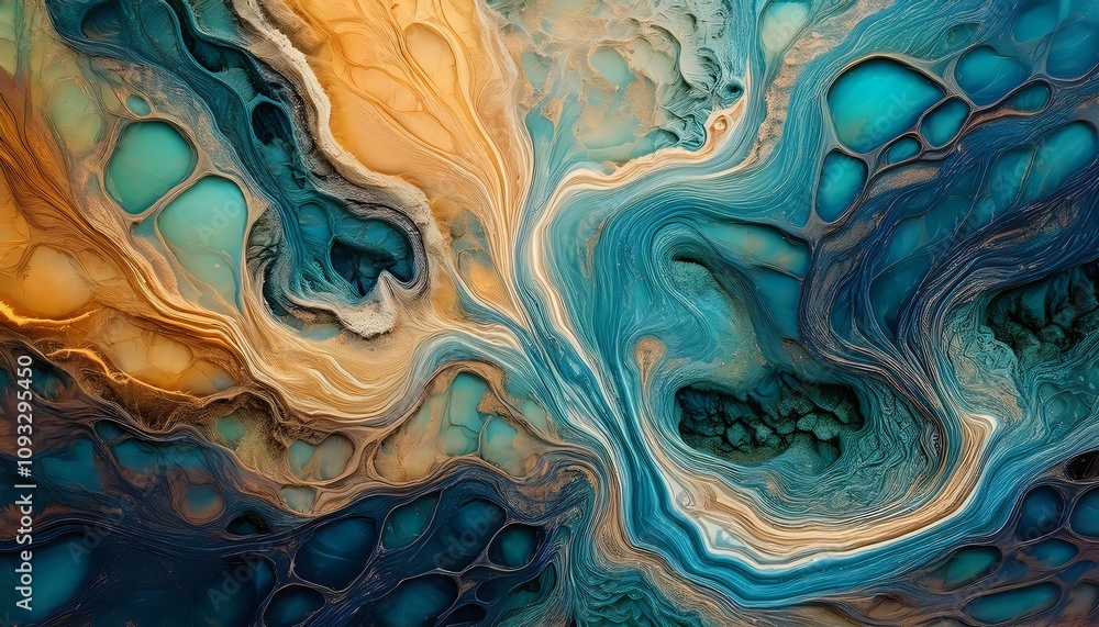 Aufkleber mesmerizing fluid art with swirling turquoise and gold patterns, creating an abstract liquid plasma 