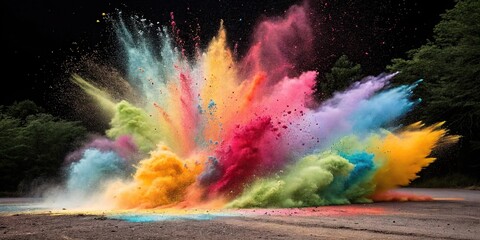 A kaleidoscope of colorful powders explodes in a burst of color, pop art, confetti, kaleidoscope