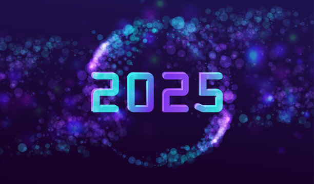 Happy New Year 2025 banner in technology ai style. Ai holidays cyber new year vector particles background. Happy holiday high tech design. Neon game text 2025.
