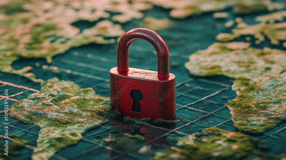 Poster conceptual visual of security and protection, featuring a red padlock resting on a world map, symbol