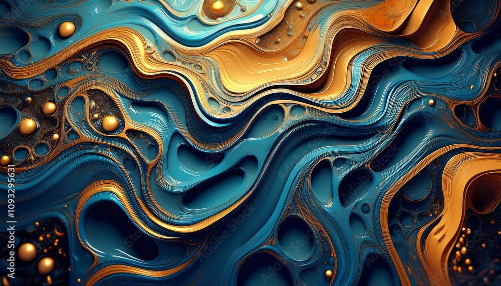 Poster captivating abstract liquid plasma creating golden and teal swirls for a dynamic and visually stunni