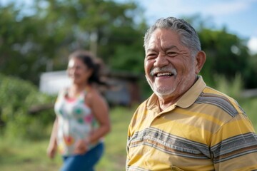 Fototapeta premium Joyful older Hispanic man and woman engage in exercise outdoors