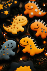 Obraz premium Flat-lay of quirky Valentine's cookies shaped like dinosaurs, stars, and funny cartoon hearts, printspace ,Bokeh-filled backgrounds, warm autumn tones, glowing lights