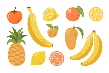 Yellow tropical fruits with leaves. Persimmon, banana, lemon, orange, mango, apricot, peach, pineapple. Hand drawn vector cartoon collection.