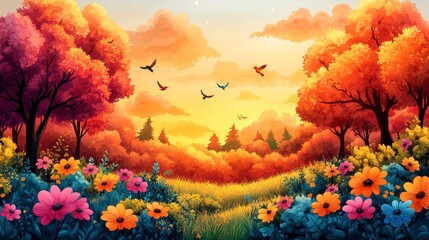 Vibrant Autumn Landscape with Colorful Flowers and Birds Flying at Sunset, Showcasing Nature's Beauty in a Peaceful Scenic View