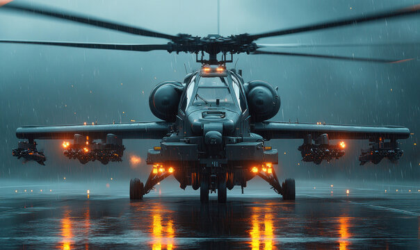 Photo of a combat helicopter on a runway in rainy weather.  