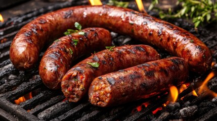 Fototapeta premium Delicious Grilled Sausages on a Charcoal Grill with Flames and Fresh Herbs, Perfect for Summer Barbecues and Outdoor Gatherings, Savory and Juicy Treats Await