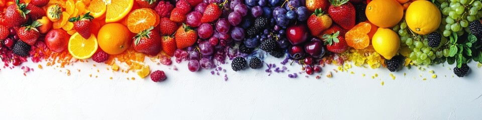 Colorful Arrangement of Fresh Fruits Including Oranges, Strawberries, Grapes, Lemons, and Berries on a White Background for Healthy Lifestyle and Nutrition Purposes