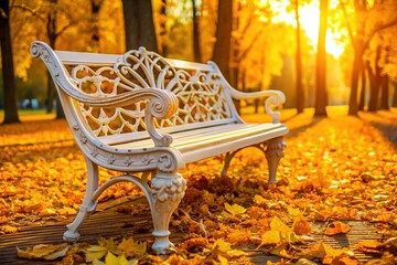 Urban Exploration: White Metal Park Bench & Yellow Leaves