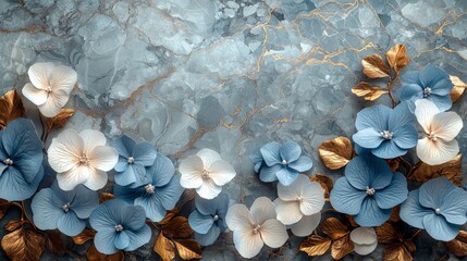 A decorative design featuring blue and white flowers with golden leaves on a marble background.