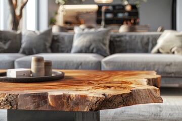 Close up of a natural wood rustic live edge coffee table near sofa