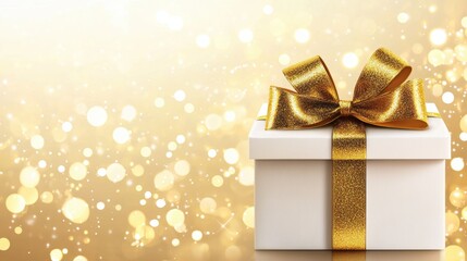 Fototapeta premium Elegant Gold Gift Box with Bow on a Soft Gold Background Featuring Beautiful Bokeh Lights Ideal for Celebrations, Holidays, and Special Occasions