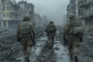 A photograph of three soldiers walking down a destroyed street in a war zone.  